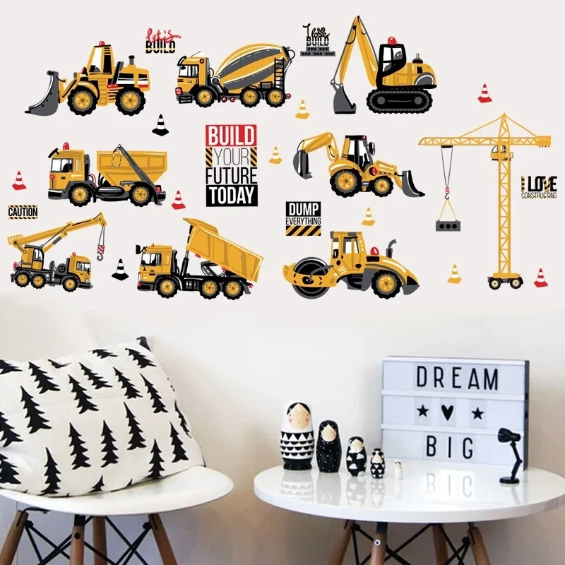 Cartoon Excavator Construction Wall Decals Baby Boy Nursery Kids Room Stickers