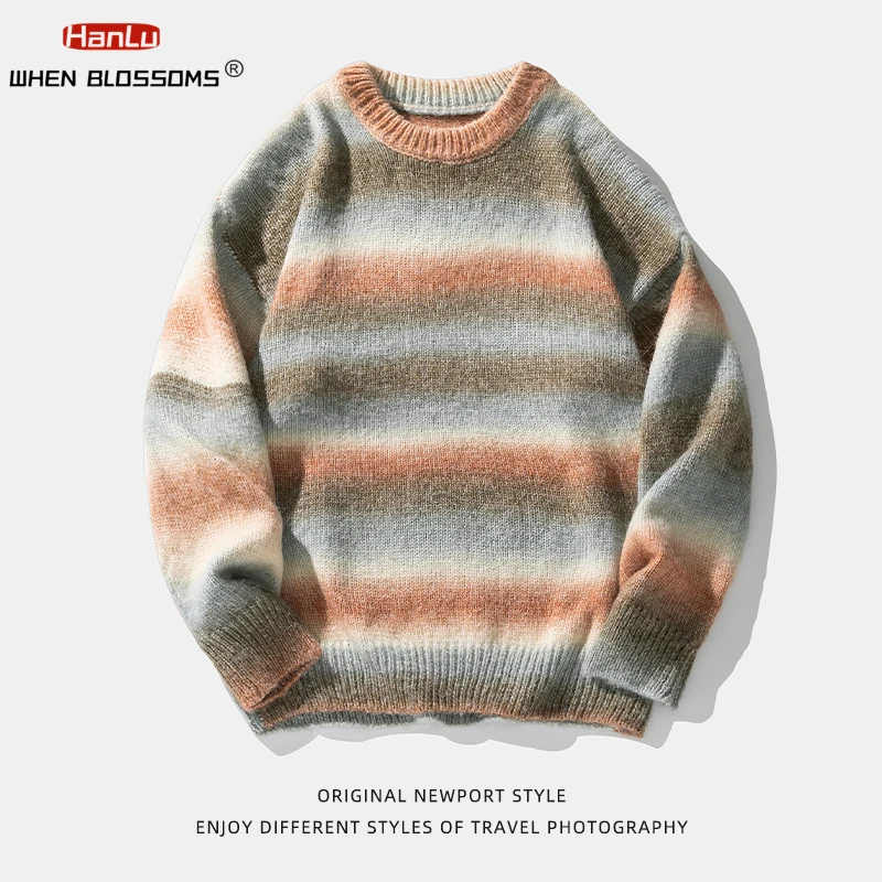 Mens/Womens Autumn Winter Warm Sweater Harajuku Gradient Striped Jumpers Oversized Pullover Knitwear Tops Fashion Couple Coats