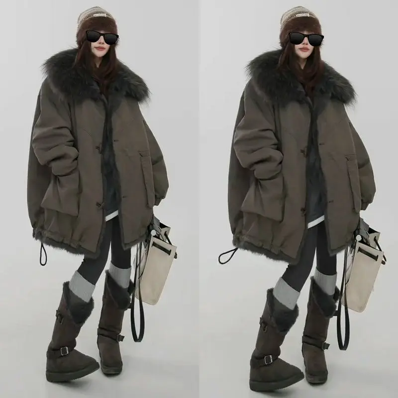 

Korean Sle Winter Warm Single Button Long Sve Double-Sided Wear Fur Collar Mid-Length Parka Loose Commute Sle Jaet