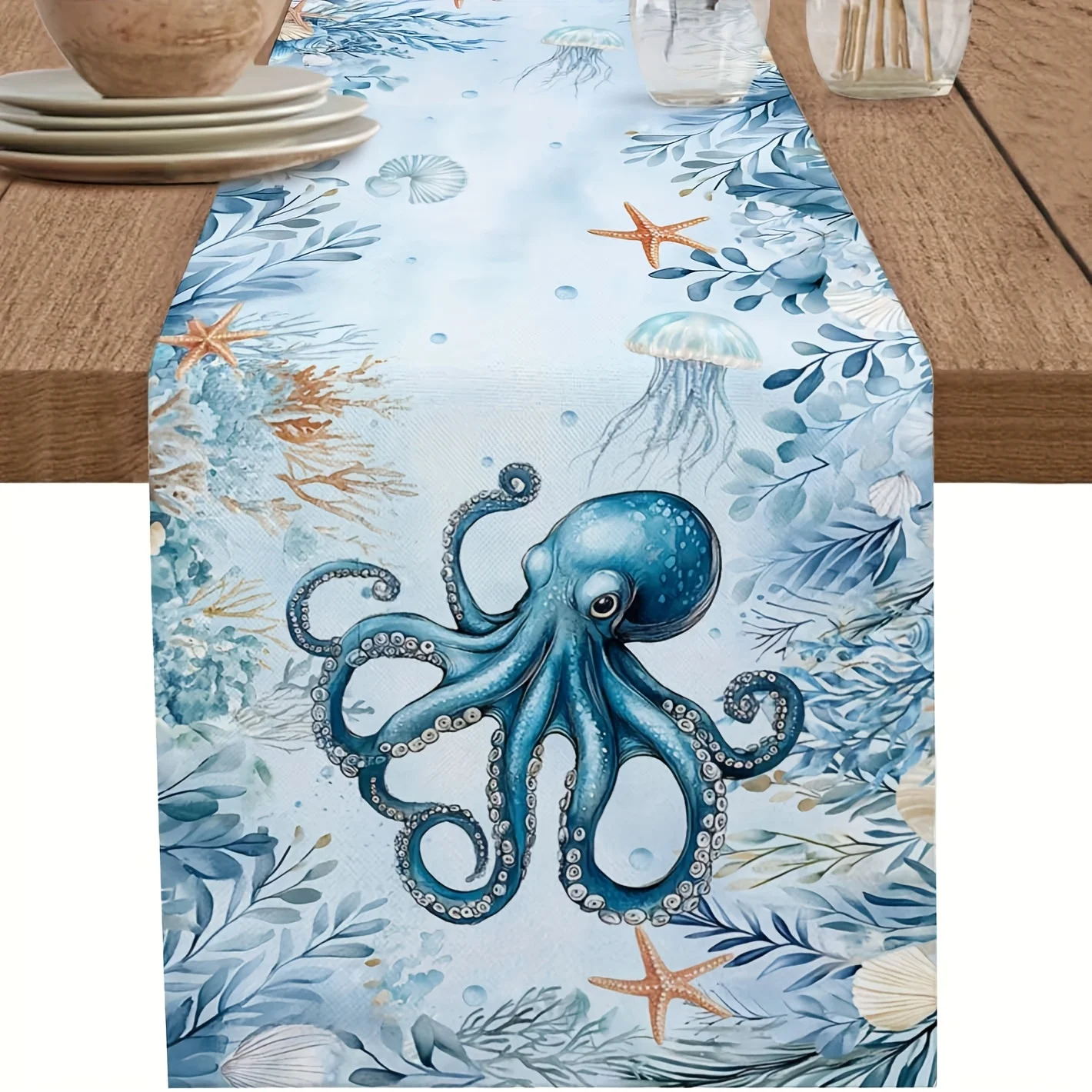 Oktopus, Seestern, Qualle, Leinen-Tischläufer, Party-Dekoration, Sommer, Ozean, Meeresleben, Koralle, Küche, Esstisch, Tischläufer, Heimdekoration