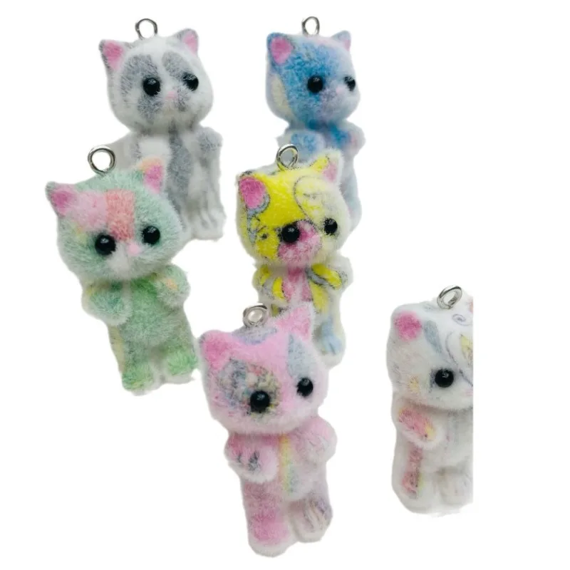 30pcs Cute flocking resin Colorful cats Charms Cartoon animals doll pendant For Bag keychain Handmade DIY Jewelry Accessories
