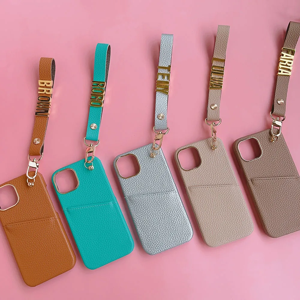 Personalise Pebble Leather Custom Name Card Holder Phone Case For iPhone 16 12 13 14 15Pro Max Protective Lanyard Bracelet Cover