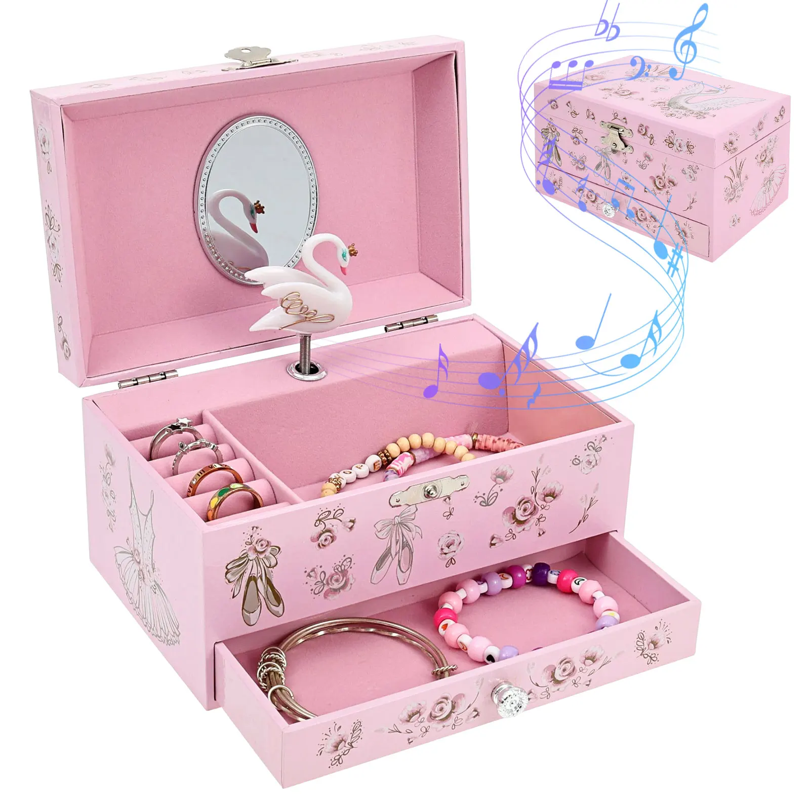 Joyero Musical de Madera con Bailarina, Cajas de Joyería con Cajón, Gran Capacidad para Guardar Anillos, Collares y Pulseras para Niñas