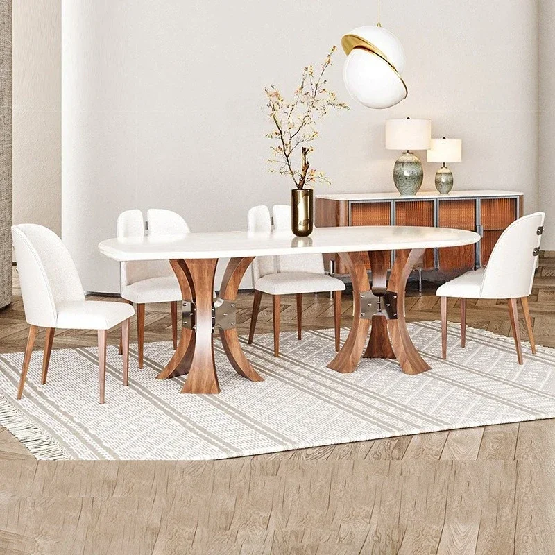 طاولة طعام رخامية فاخرة خفيفة، إحساس راقي بالبساطة الحديثة، لون جوز عالي الجودة