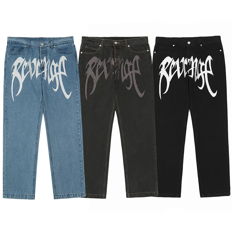 

Classic Men's Straight Leg Jeans Embroidered Washed Workwear Black Long Trousers Youth Casual Loose Fit Jeans by Other Brand