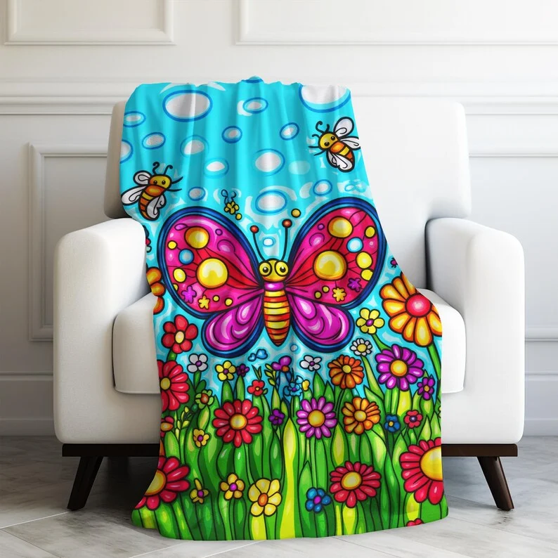 Couverture en velours peluche Papillon épanoui avec des abeilles et des fleurs en pleine floraison
