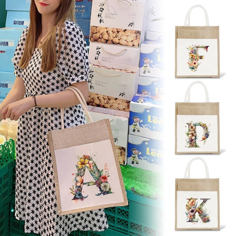 Large Capacity Linen Floral Letter Printing Pattern Shoulder Bag Travel Yellow Linen Imitation Linen Bag Women's Shopping Bag