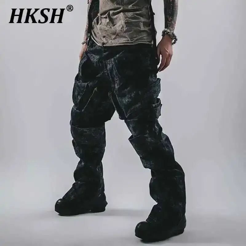 

HKSH Spring Autumn Striped Washed Distressed 3D Cut Multi Pocket Bottom Spliced Jeans Chic Denim Safari Style Cargo Pants HK3875