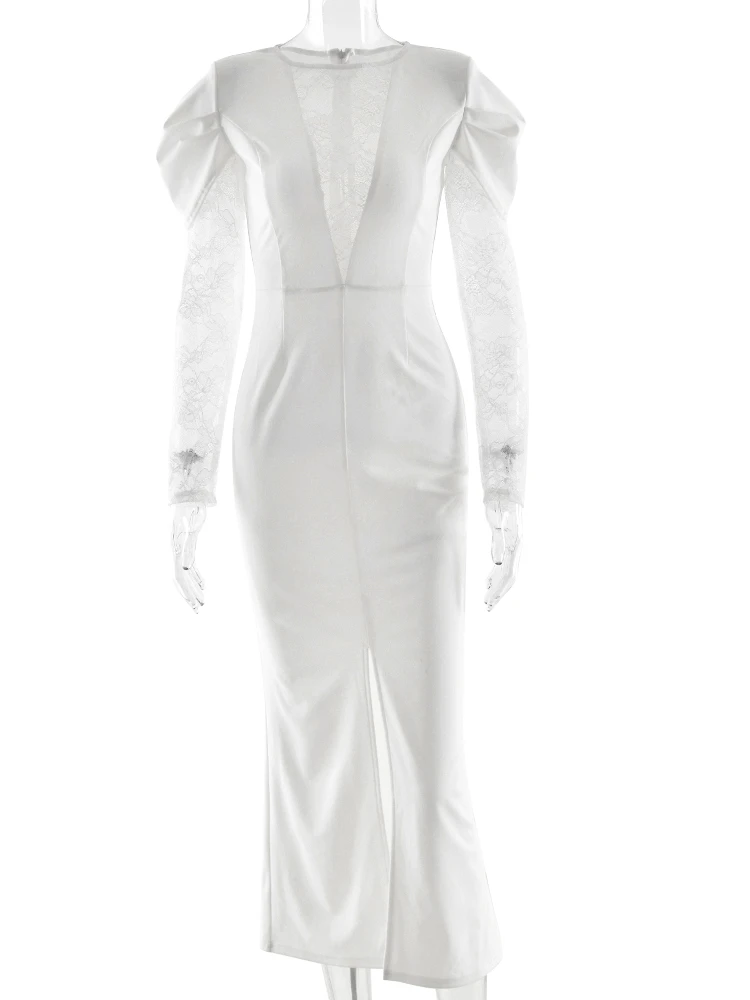 Vrouwen Sexy Mode Mesh Uitgesneden Kant Patchwork Fit & Flatterende Y2K Slit Jurk Diepe V-hals Jurk Nieuwe Elegante Feestavondjurk