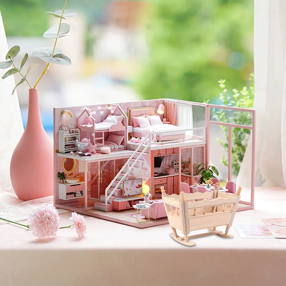 

Wood Cradle Miniature Baby Cradle Mini House Accessory Premium Wooden Mini Furniture Decorative Ornament Miniature Scene Decor