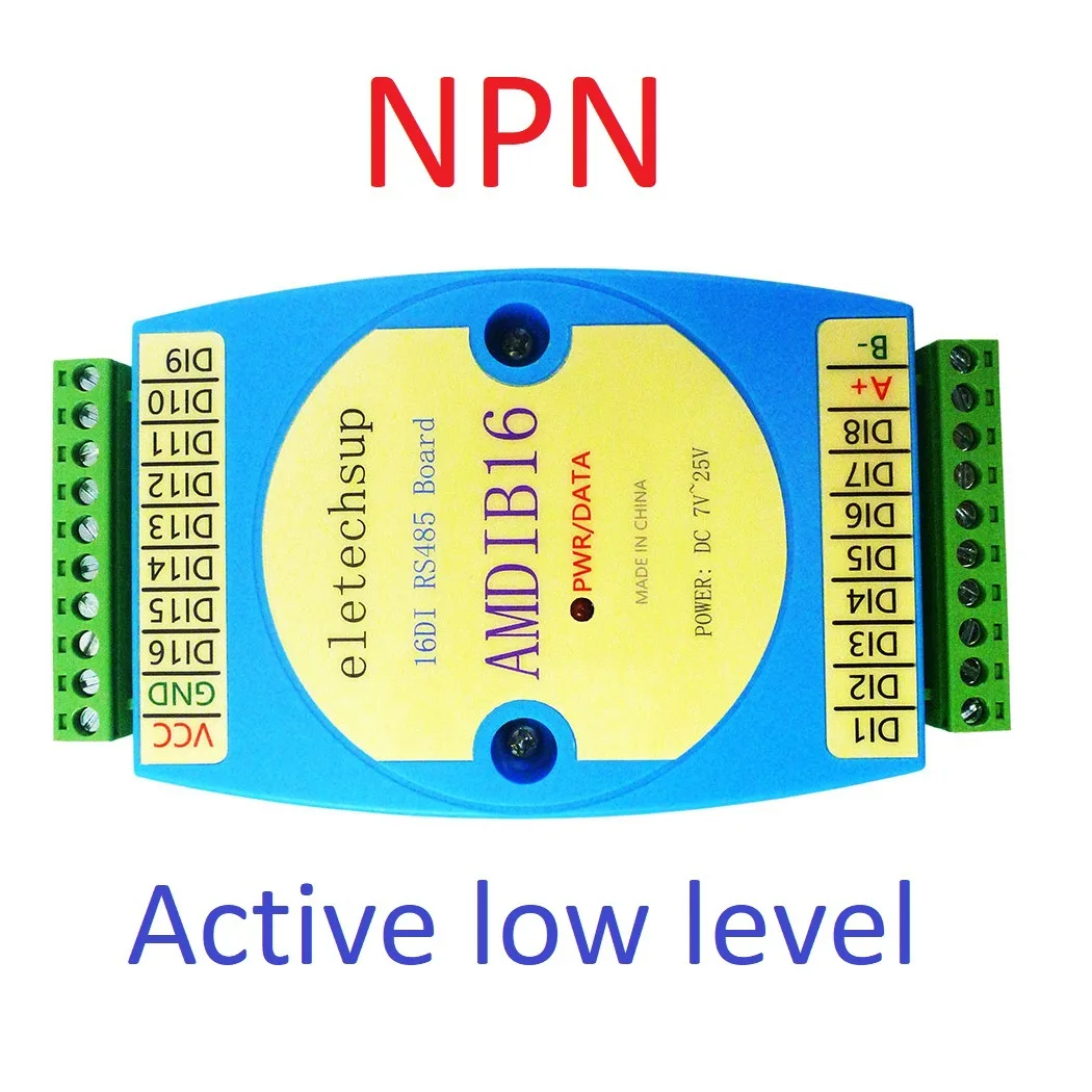 

DC 9V 12V 24V 10A 16 Channel NPN Digital Input Module RS485 3KV Isolated Communication MODBUS RTU PLC Expansion Board