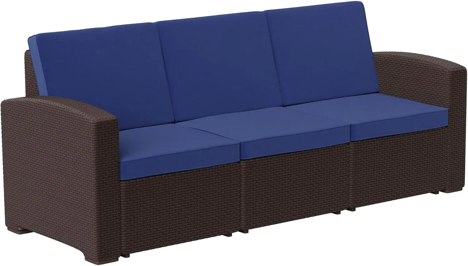 

Chocolate Brown Faux Rattan Sofa with All-Weather Navy Cushions for patio, deck, poolside