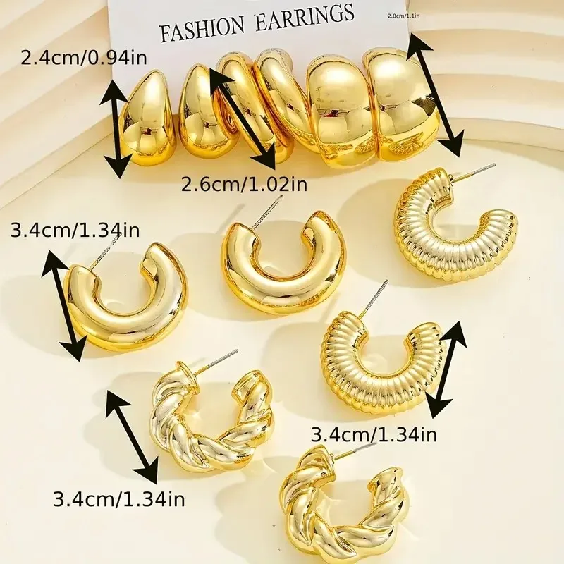 12 Unique and Simple Twisted Metal C-shaped Women\'s Earring Set, Retro Elegant, Hypoallergenic Earring Jewelry Gift