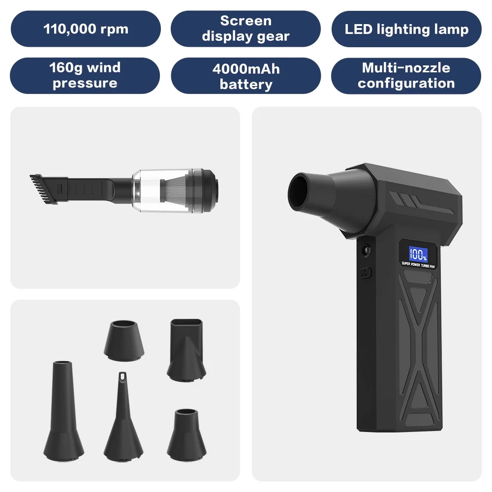 Krachtige luchtblazer 110000 tpm 4 versnellingen verstelbare turbo-jetblazer met led-licht Batterijweergave Draadloze persluchtstofdoek