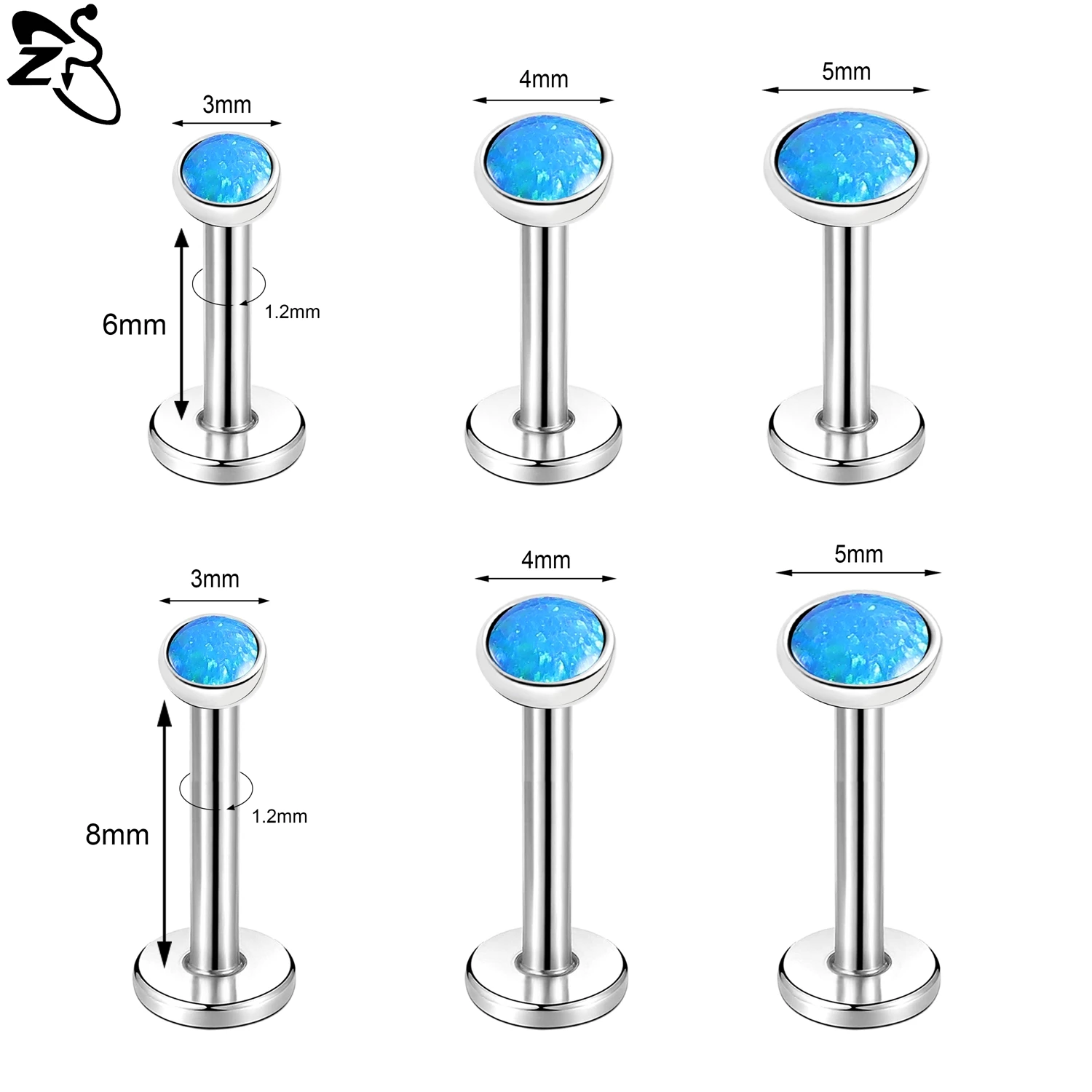 16G Stainless Steel Opal Lip Stud, Internal Thread