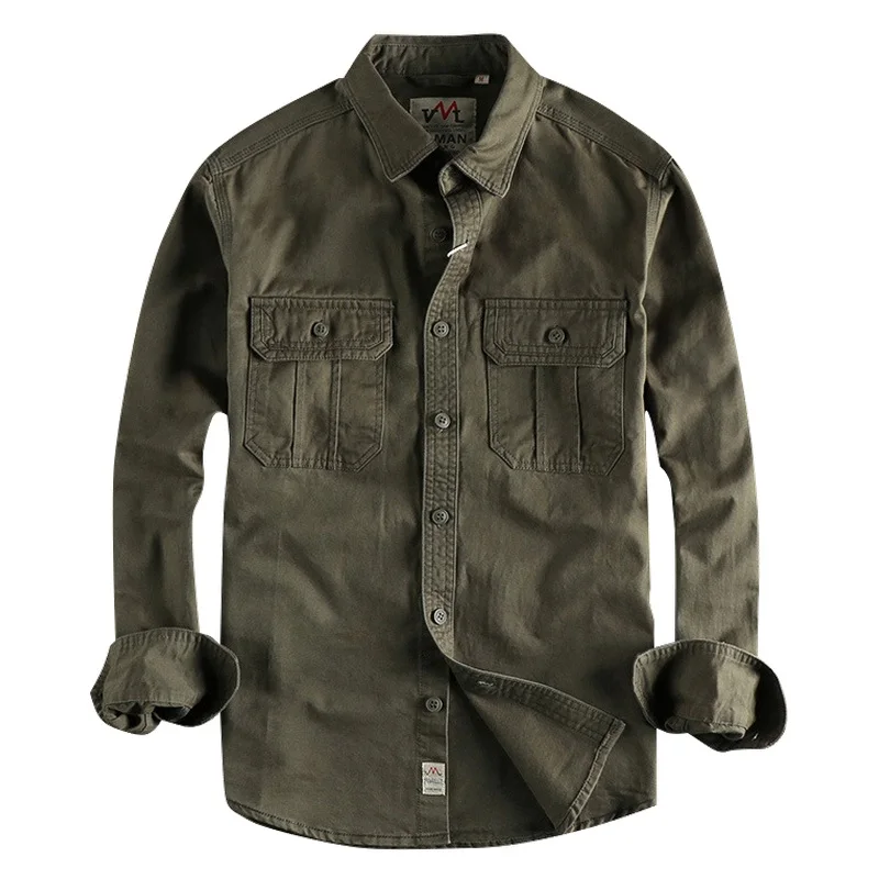 Men Vintage Washed Workwear Shirt Jacket Multi Pocket Long Sleeve Casual Overshirt Outdoor Utility Military Style Top