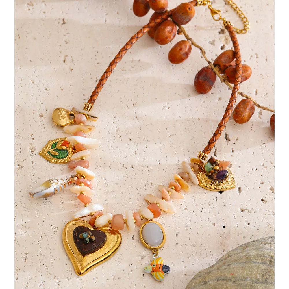 Yhpup New Arrivals Handmade Jewelry Stainless Steel Shell Chain Heart Flower Drop Charm Statement Necklace Accessories