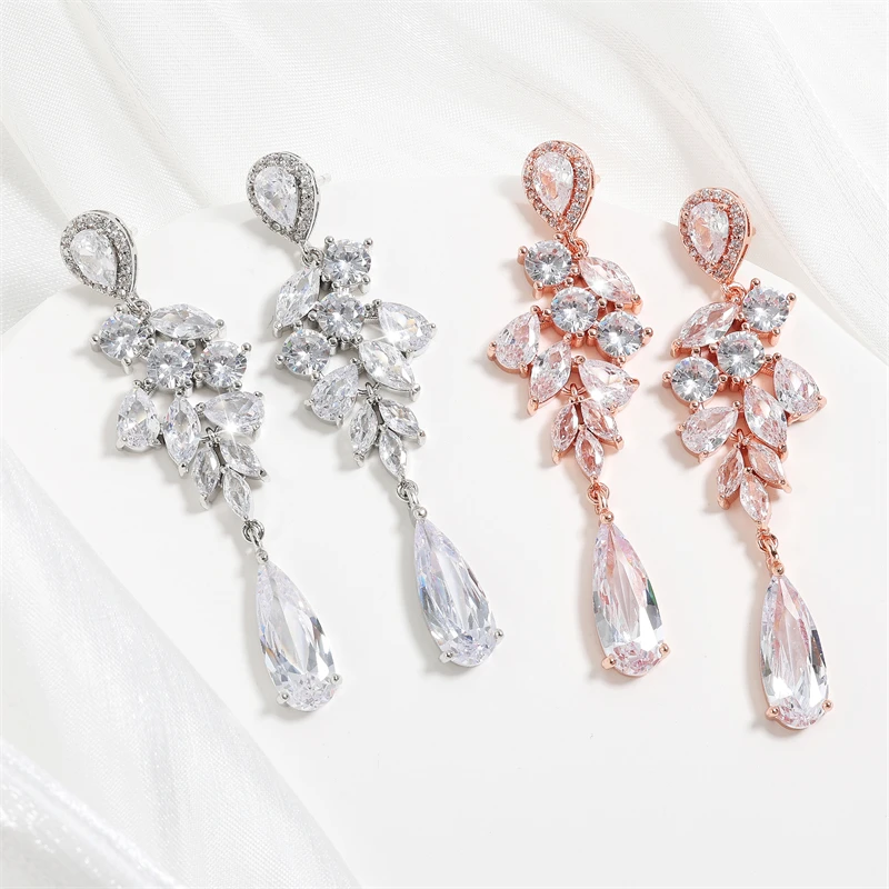 ZAKOL Fashion Water Drop Marquise Zircon Dangle Earrings for Women Shinny Crystal Leaf Long Earring Bridal Wedding Jewelry