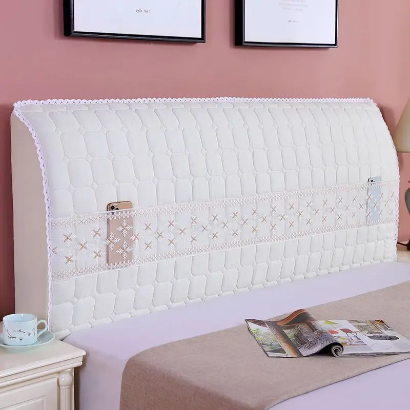 Solid Color Headboard Cover Lace Embroidery Soft Cotton Interlayer Bed Backrest Cover Home Decoration Dustproof Bedside Cover