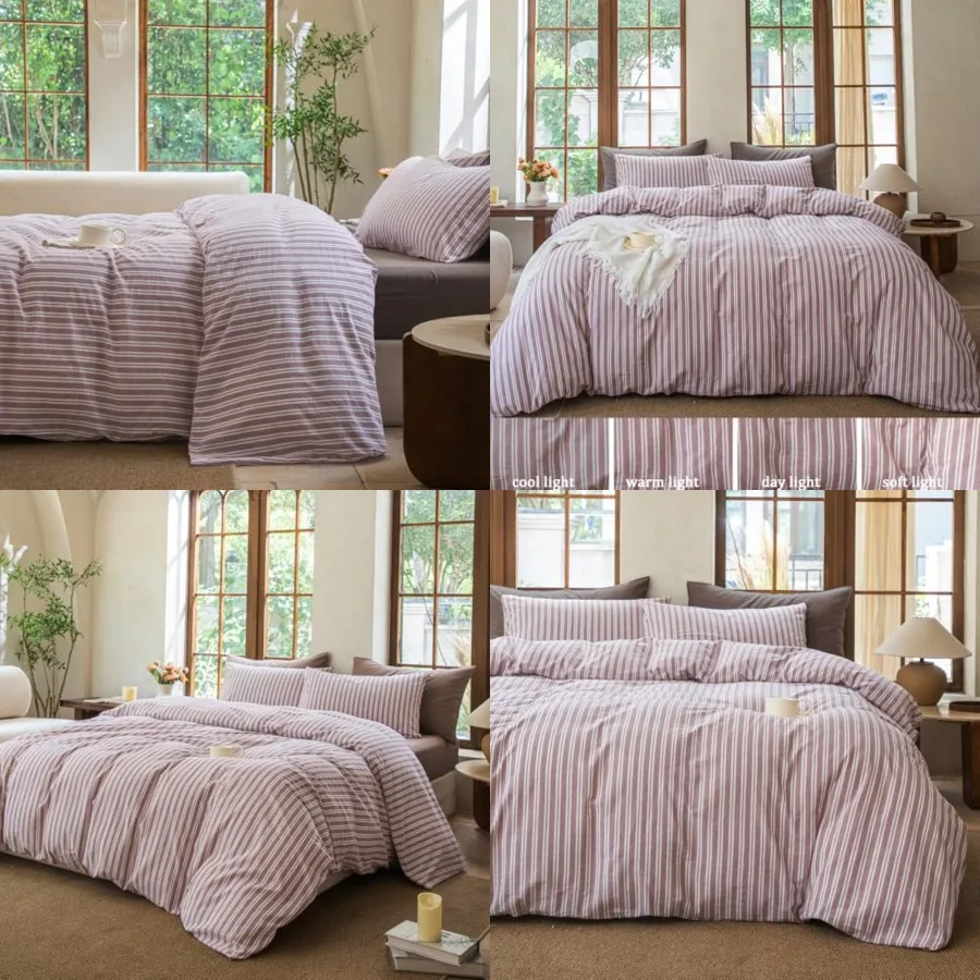 

Striped Duvet Cover Set 100% Washed Cotton Linen Like Soft Feelling Breathable Bedding Dusty Purple