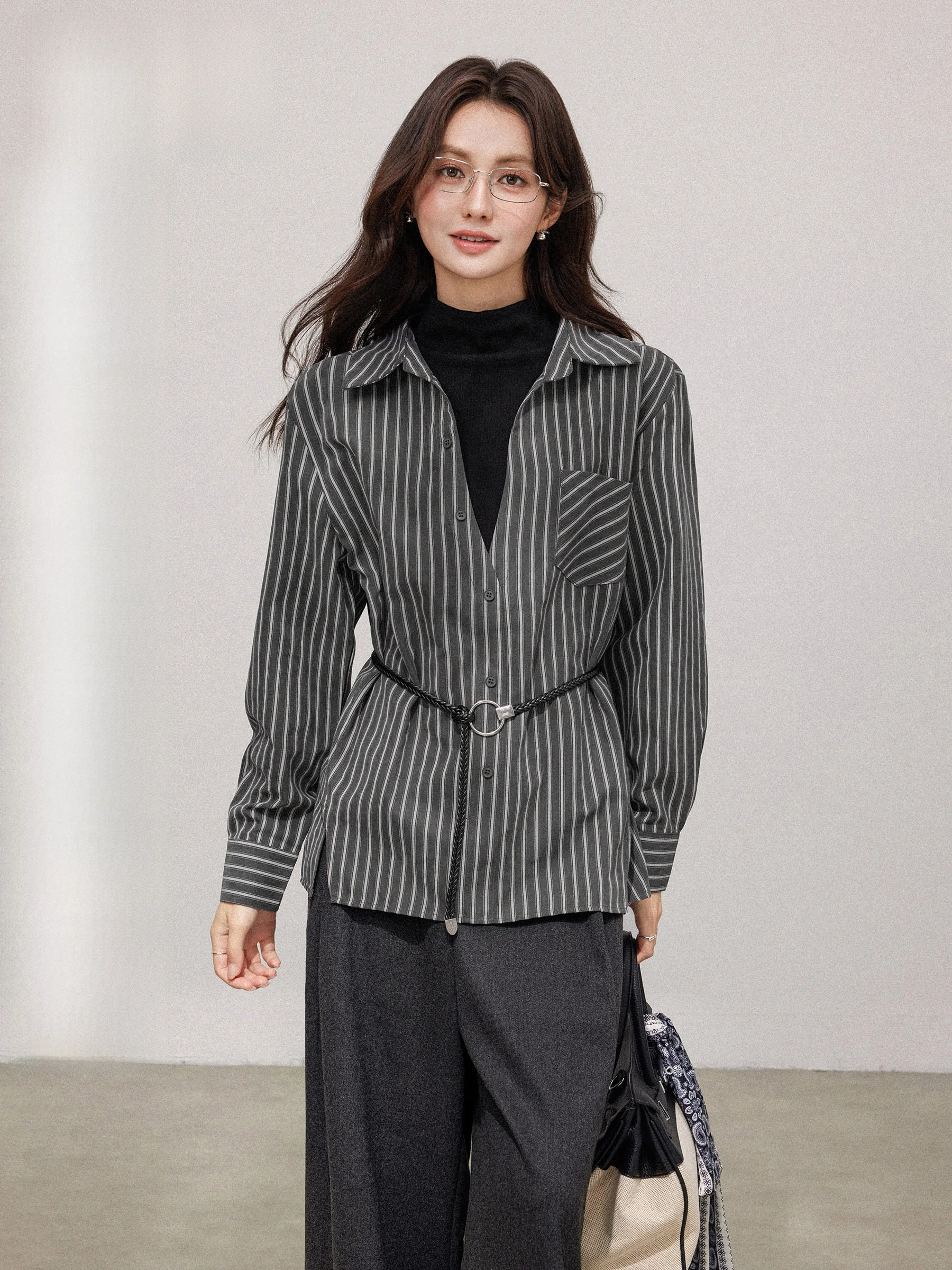 

Chang Dou Dou Полосатый искусственный двухсекционный длинный све irt женский весенне-осенний новый дизайн с высоким воротником в стиле пэчворк