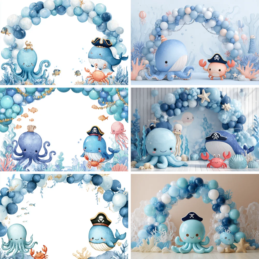 

Children's 1st Birthday Photography Background Ocean Themed Octopus Balloon Party Decor Supplies Marine Life Baby Shower Studio