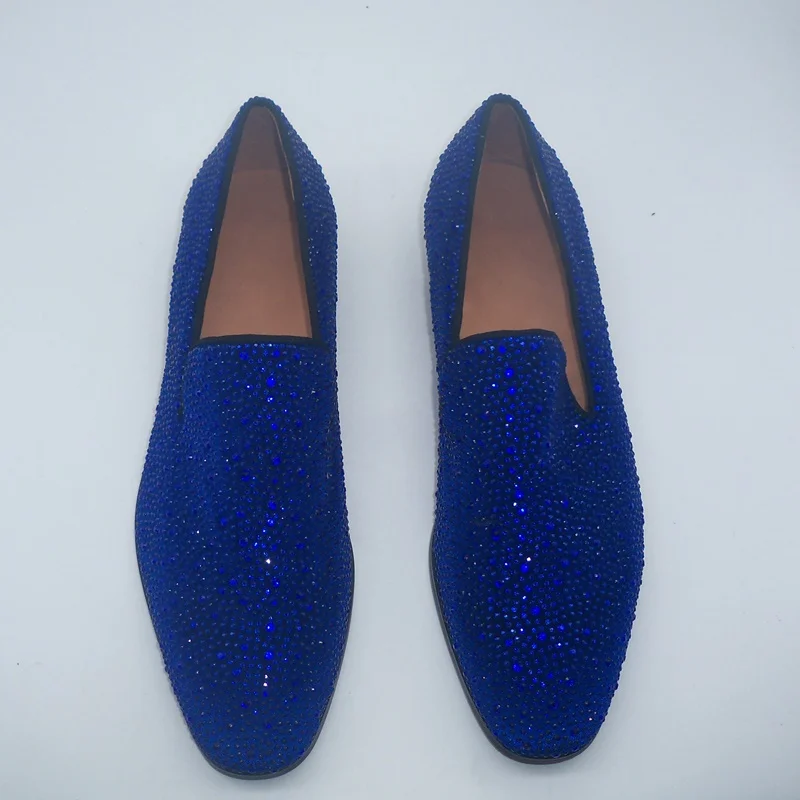 LOUBUTEN Royal Blue Full Rhinestone Loafers Luxury Party And Wedding Shoes Men Crystal Shoes Slip On Flats Dress Shoes