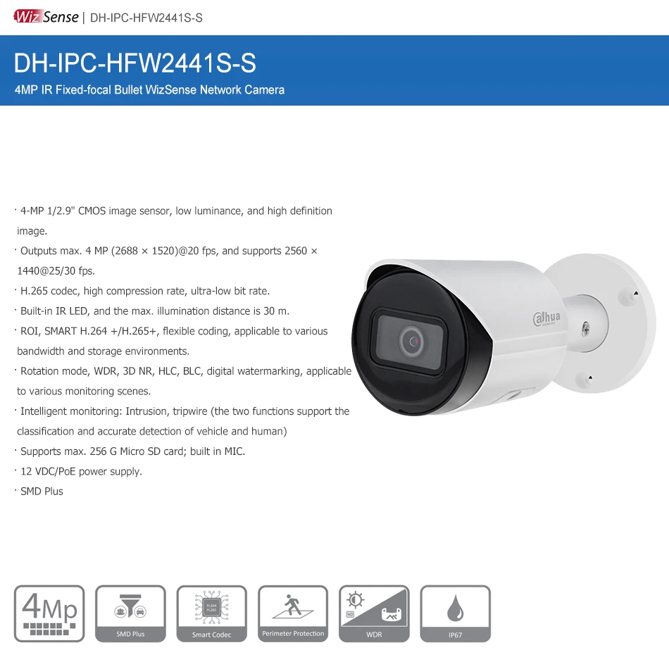 Dahua Camera 4MP IPC-HFW2441S-S Fixed-focal Bullet WizSense IR POE Build in MIC SD Card Slot Original Upgrade Video Surveillance