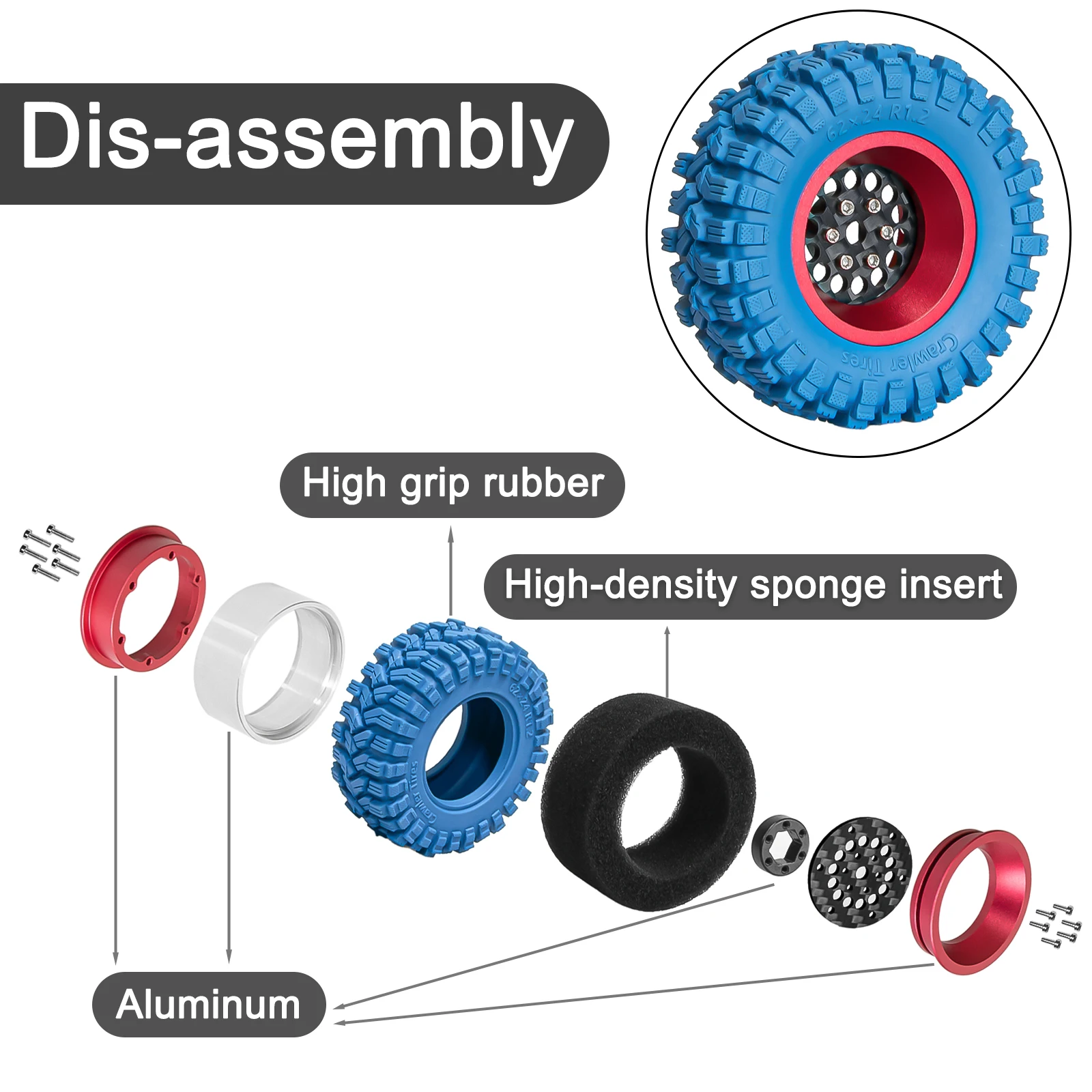 Obręcze kół z włókna węglowego OKHL 1.2 cala, kolorowe, z gumowymi, niebieskimi oponami do modeli RC Crawler 1/18 TRX4M, 1/24 FCX24, SCX24, zestaw do tuningu.