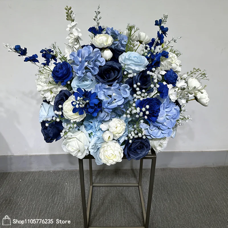 Königsblauer Kunstblumen-Tischläufer, Blumenarrangement-Ball, Hochzeits-Bodenblumenreihe, Gangdekoration, Event-Hintergrund, Dekorationszubehör – Detail 6