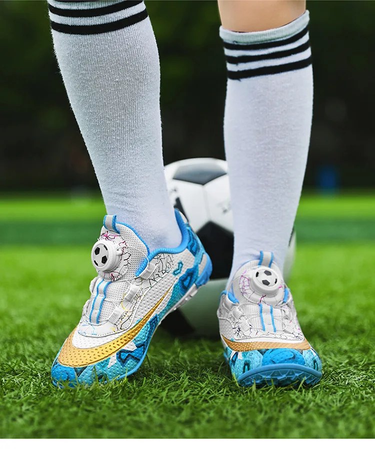 Zapatos de fútbol para niños, superficie de cuero juvenil, hebilla giratoria, clavo roto, fondo plano, entrenamiento de estudiantes para niños