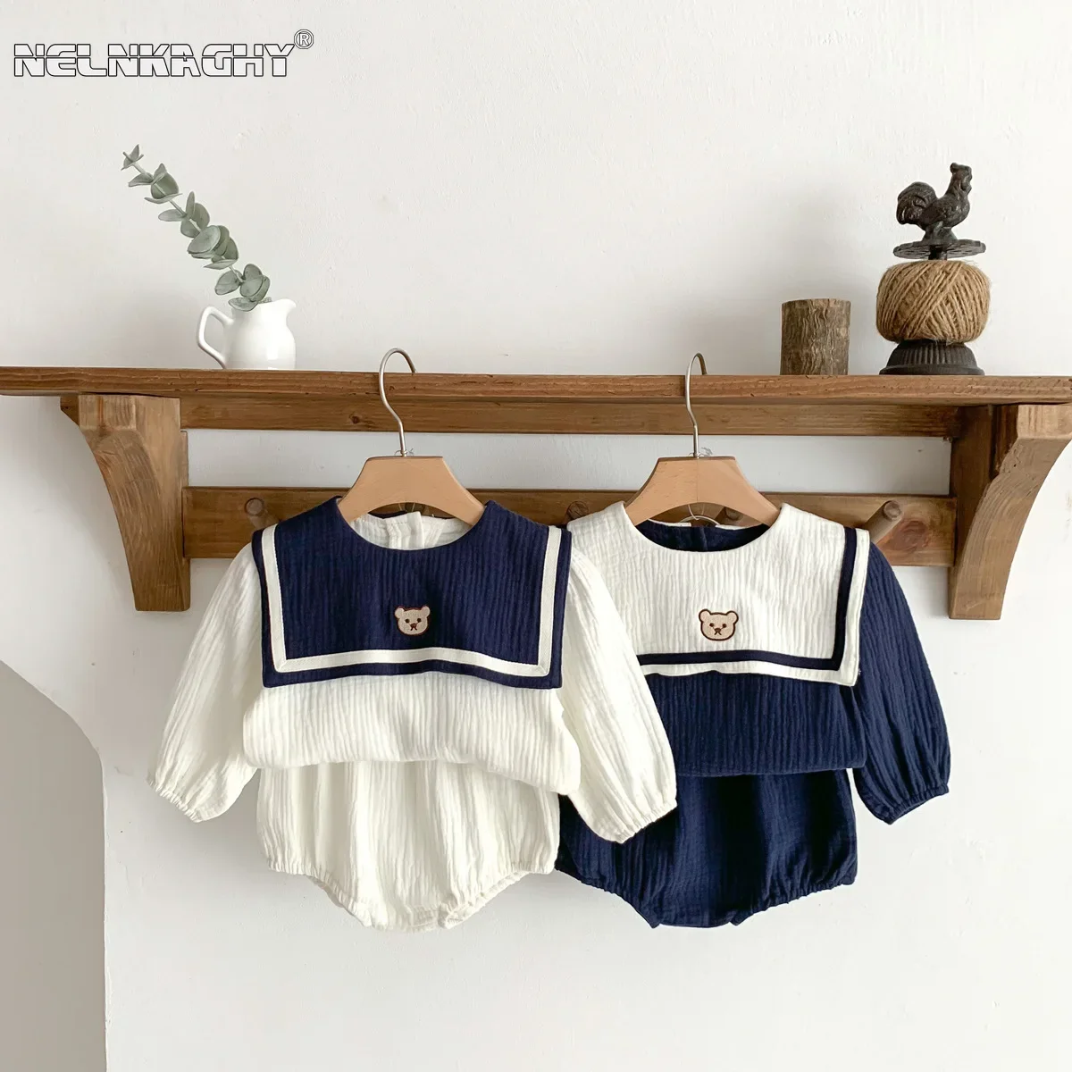 New In Autumn Kids Baby Girls Full Sleeve Naval Leader Bear Top T-shirts+solid Shorts Toddler Infant Cotton Clothing Set 2pcs