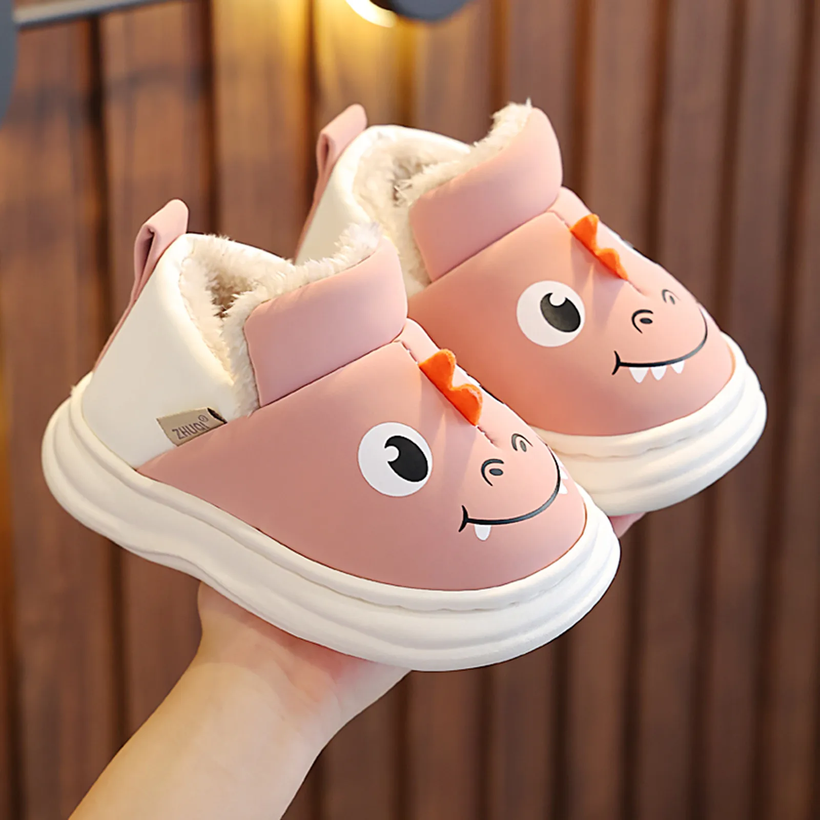 Children Cotton Slippers Boys Girls Cartoon Smile Dinosaur Cotton Household Thicken Cover Heels Slip On Shoes Baby Slippers