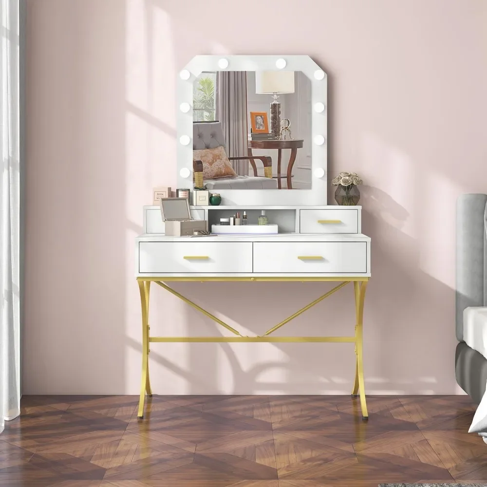 

Dresser with Illuminated Mirror, Modern Dressing Table with 10 Lights, 4-drawer Storage Dresser