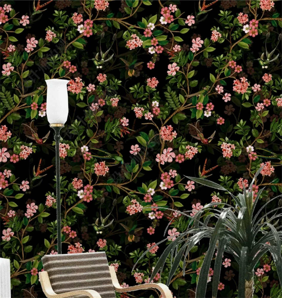 

Wind Flower Bird Art Custom Mural Black Background Pink Flower Wallpaper Retro Light Luxury Living Room Dining Room Oil Painting