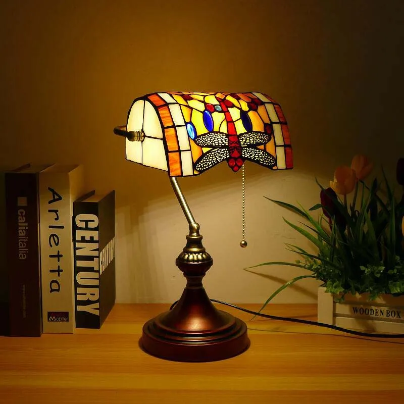 

Dragonfly Bankers Antique Stained Glass Banker Tiffany Table Lamp with Pull Chain Vintage Desk Lamp for Home Office