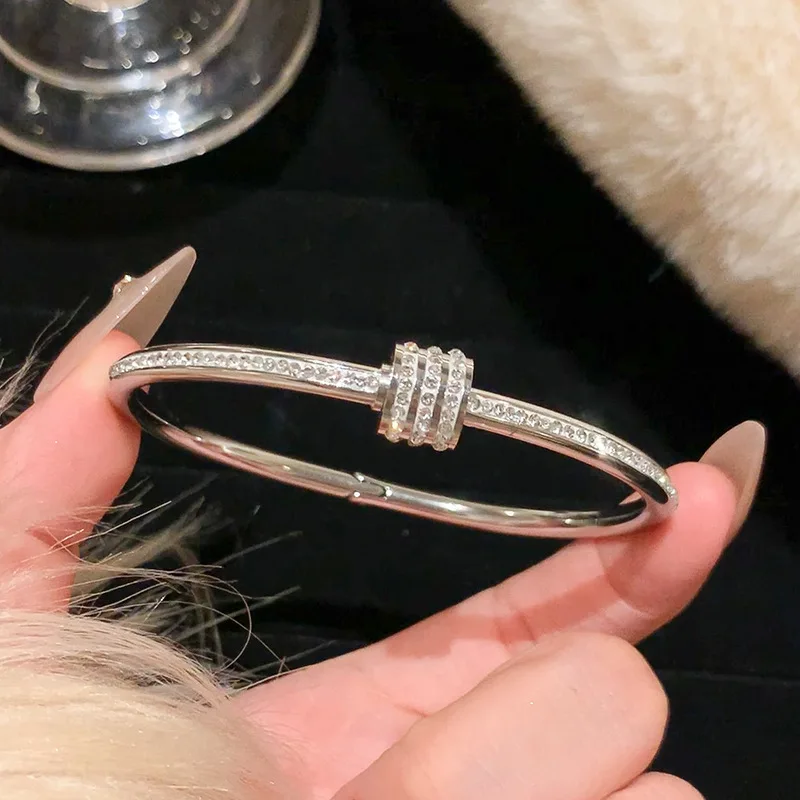 1pc Titanium Steel Silver Bracelet, Fashionable Classic Style, Stainless Steel Bracelet,Inlaid With Zircon,For Womens Daily Wear image 5