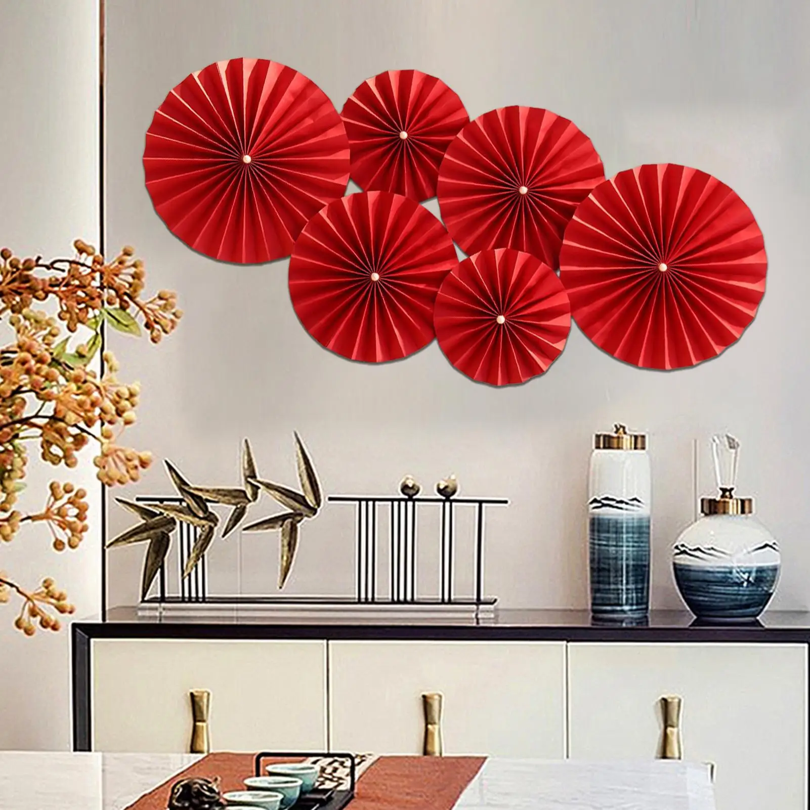 6PCS 2026 Chinese New Year Paper Fan Flower Decoration Living Room Background Wall Layout