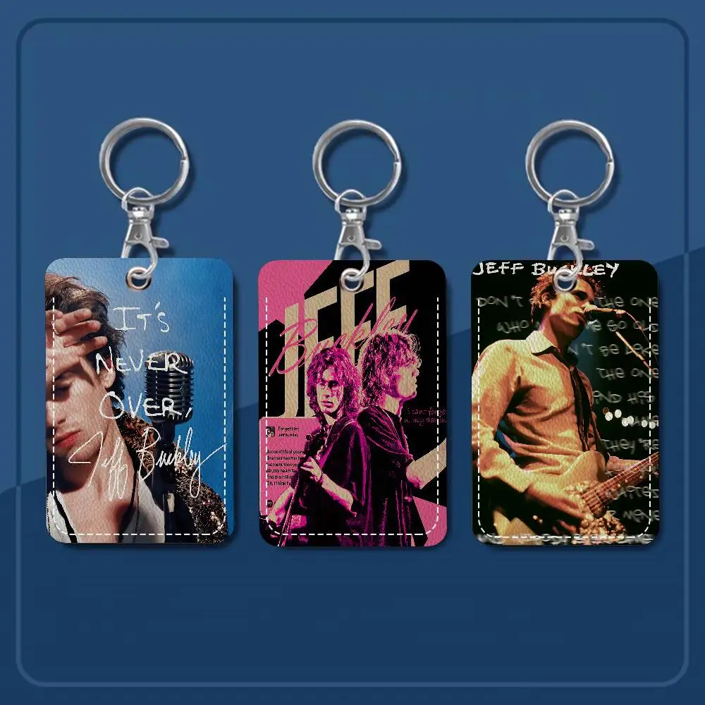 American Singer j-Jeff Buckley Rectangle ID Card Case Keychain Access Card Bag Key Tag Ring Leather Card Holder Key Ring Access
