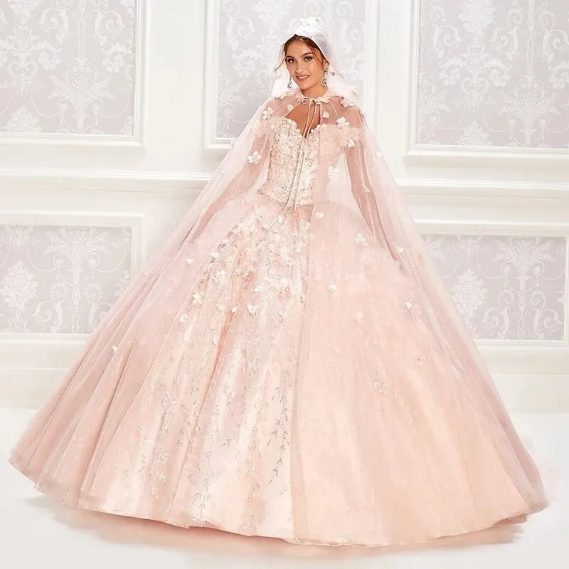 2023 Pink Off The Shoulder Ball Gown Beaded 3D Floral Quinceanera Dress Princess With Cape Sweet 16 customized