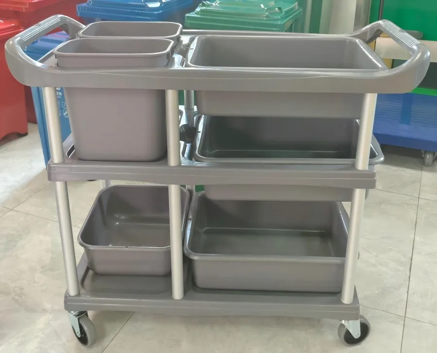 Sunmax 3-Tier Kitchen Hotel  Plastic Collect Boxes Tableware Dish Mobile Dolly Cleaning Service Trolley for Restaurant