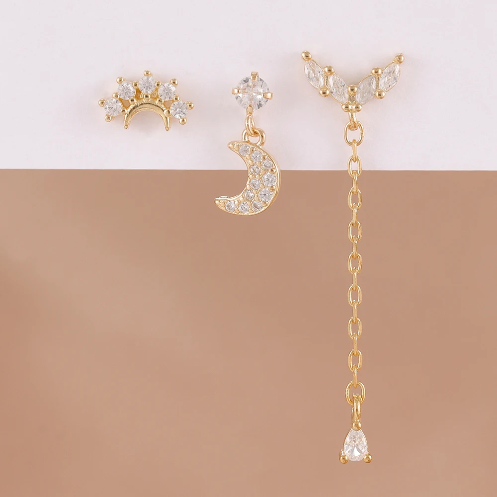3PCS Elegante Edelstahl Zirkon Baumelnden Quaste Kette Mond Tropfen Ohrringe Set Für Frauen Einfache Feine Schmuck Pendientes