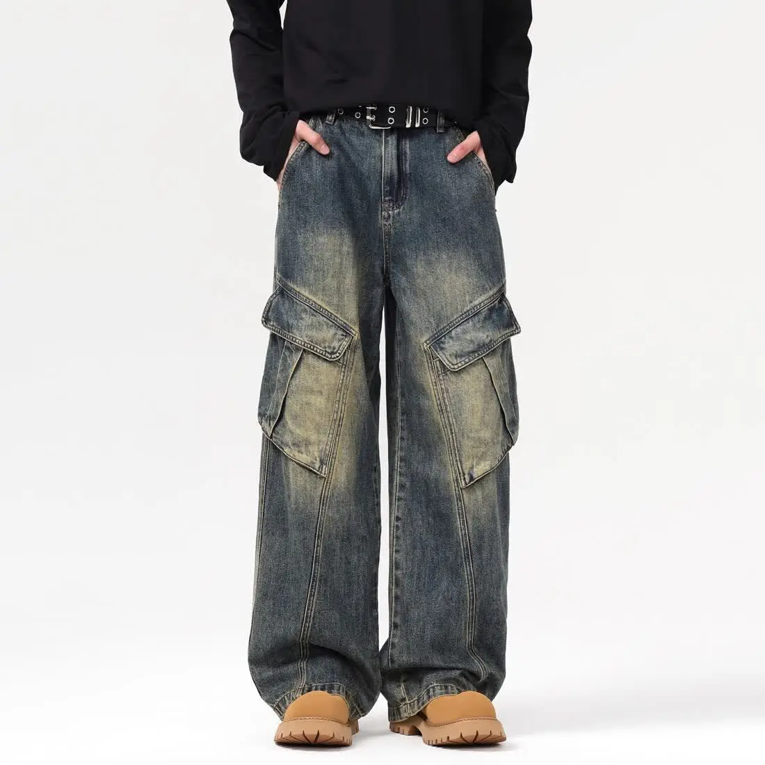 Men's Large Side Pocket Design Retro Baggy Regular Jeans Fashion Trend Autumn Trousers Male High Waisted Wide Leg Denim Pants
