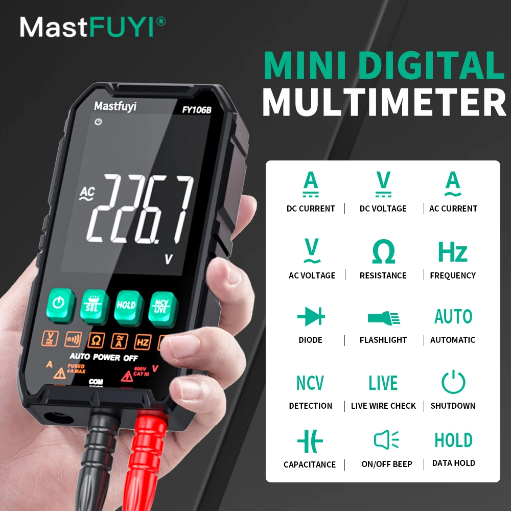 MASTFUYI FY106 전문 디지털 멀티미터 600V/4A AC/DC 전압 전류 True RMS 자동 범위 볼트/암페어/오름/용량 테스터 