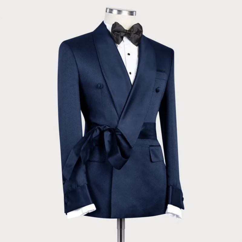 Men\'s Jacket Plain Black Belt Lapel Slim Custom Clothing Groomsmen Suit New Fashion Casual Business Wedding Tuxedo