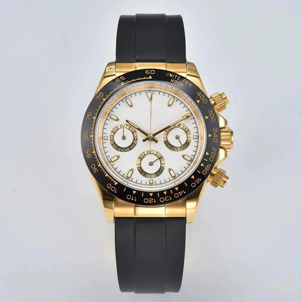 Relojes de pulsera de cuarzo VK63 de lujo para hombre de 39 mm con correa de caucho y caja de oro rosa y cronógrafo con movimiento de cuarzo japonés VK63