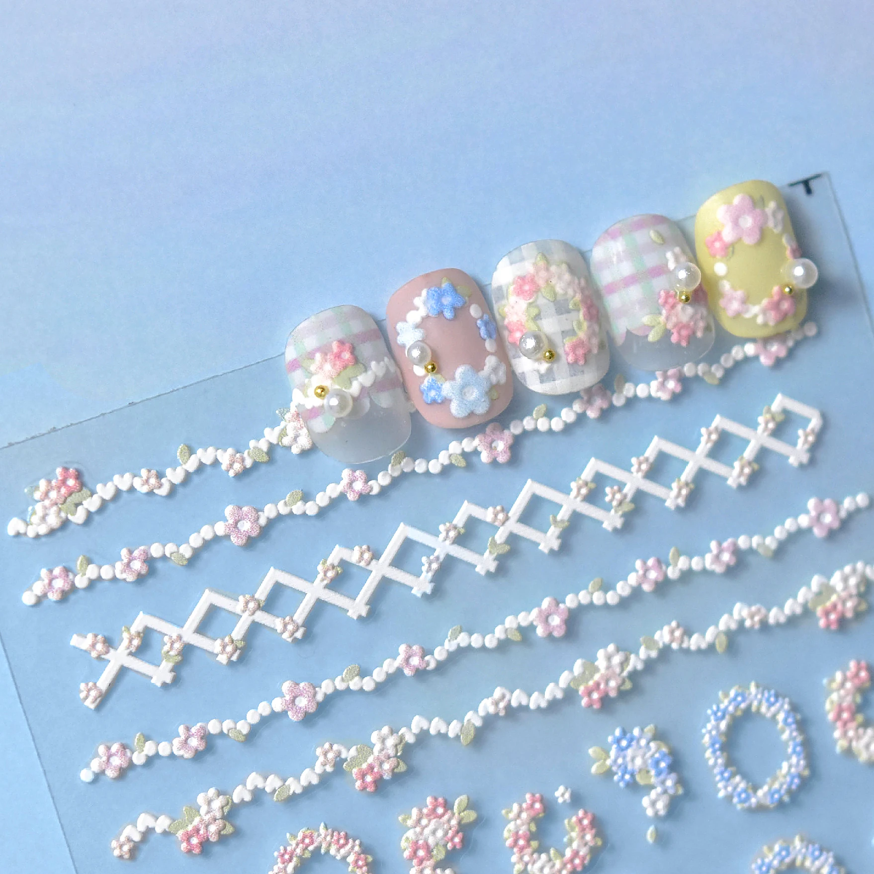 Korean Pink Blue Wreath Mini Flower Rose Dot Jelly Rhinestone 5D Relief Self Adhesive Nail Art Decoration Sticker Manicure Decal