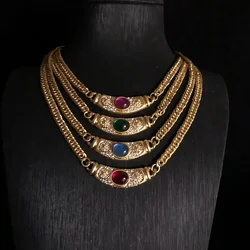 Women Copper Chain Big Glass Gem Choker Necklace