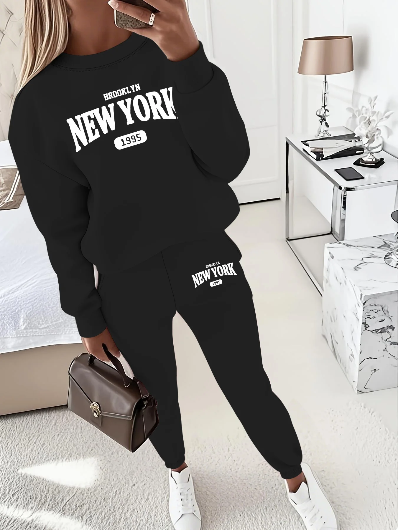 New York Print Two piece Set Casual Kangaroo Women\'s Casual Fashion Round Neck Sweatshirt, Solid Color Long Sleeves Sweatshirt,