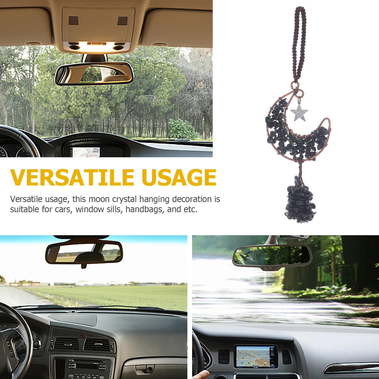 

Crystal Stone Moon Hanging Ornament Chinese Style Car Decor Black Agate Rearview Mirror Pendant for Window Sill Handbag